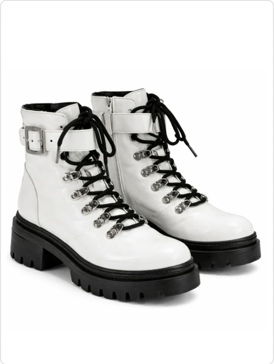 Jeffrey Campbell Czech Combat Boots 7.5M White Black Buckle Lug Sole Platform - Picture 2 of 9